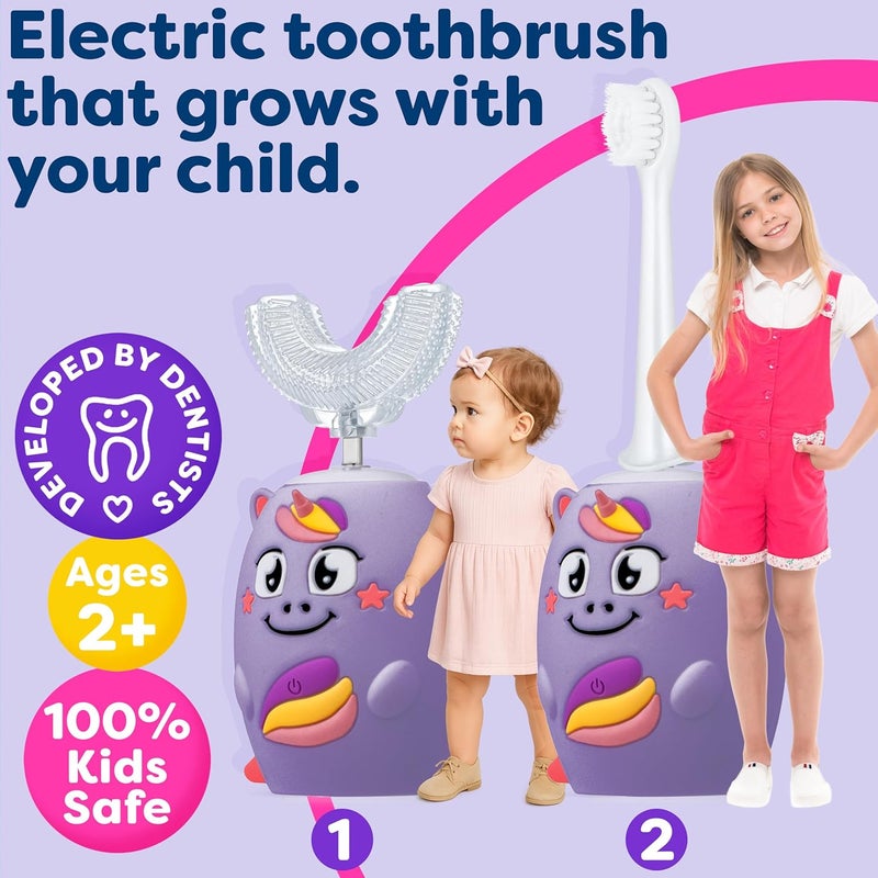 Trueocity Kids U Shape Toothbrush Auto Electric Toddler Rechargeable Kids Automatic Toothbrush | 360° U-Shaped Silicone Brush Head | Gentle Cleaning for Ages 2–7 | Unicorn Design (Purple) - Image 2